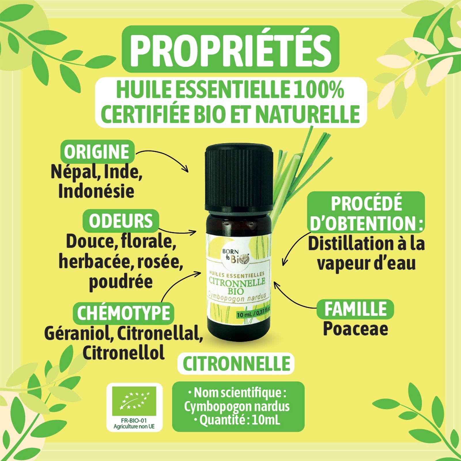 Huile essentielle Citronnelle Certifiée Bio - 10mL